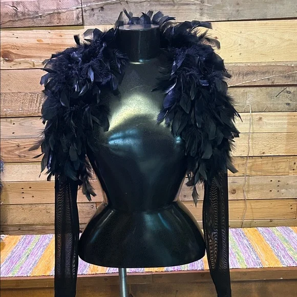 Black feathered bolero with sheer sleeves, vintage, Labelle, sz S GUC - Picture 1 of 9